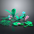 Colorful Plant Arrangement With Green Leaves Lily Pad Like Leaves Pink And Blue Small Flowers