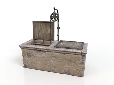 Ancient Stone Sink with Rustic Wooden Cover and Metal Pump Mechanism 3d model