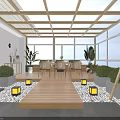 Courtyard Garden Design With Glass Roof Large Windows Wooden Floor Stone Path And Lanterns