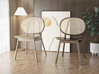 Modern Dining Chairs With Rattan Backrest And Wooden Legs In Interior With Abstract Painting 3d model