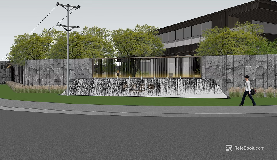 Garden Landscape Featuring Waterfall On Lawn Stone Wall Metal Railings Near Modern Building Trees 3d model 