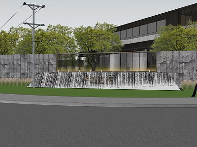 Garden Landscape Featuring Waterfall On Lawn Stone Wall Metal Railings Near Modern Building Trees 3d model