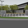 Garden Landscape Featuring Waterfall On Lawn Stone Wall Metal Railings Near Modern Building Trees