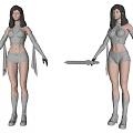 Detailed Game Movie Female Warrior Character In Silver Armor Holding Sword With Dual Poses