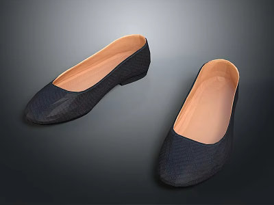 Pair of Women's Black Flat Shoes With Textured Upper And Light Brown Insole 3d model