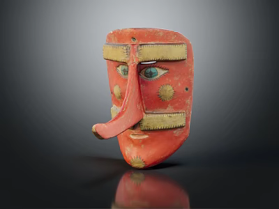 Traditional Red Handcrafted Mask With Long Nose Blue Eyes And Yellow Decorations 3d model