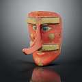Traditional Red Handcrafted Mask With Long Nose Blue Eyes And Yellow Decorations