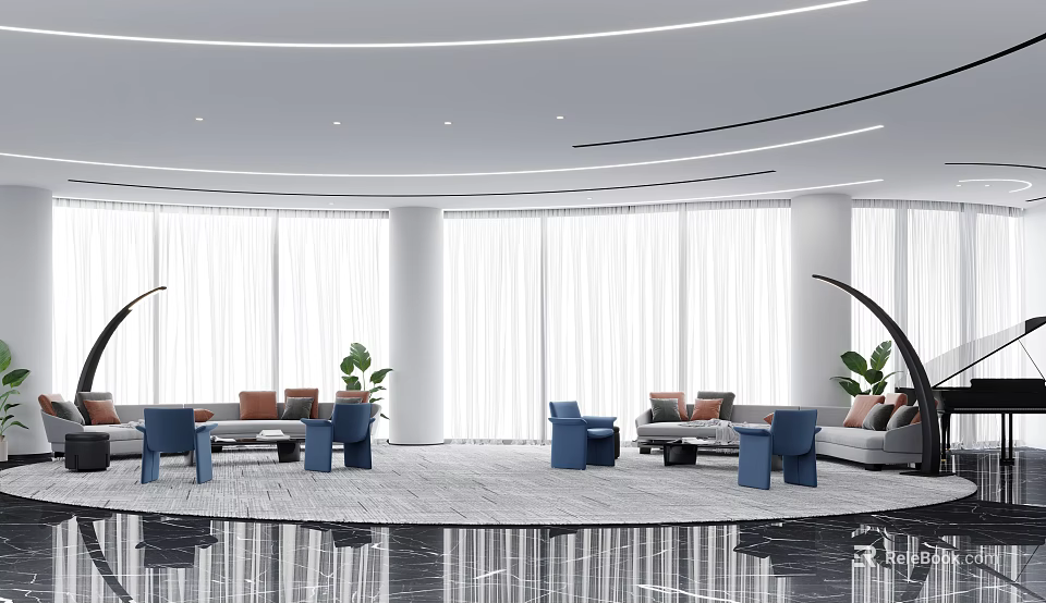 Modern Lounge Area With Sofas Blue Chairs Plants Large Windows And White Curtains 3d model