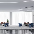 Modern Lounge Area With Sofas Blue Chairs Plants Large Windows And White Curtains 3d model