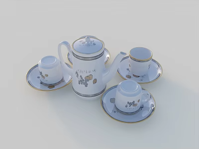 White Porcelain Tea Set with Teapot Teacups Saucers Blue Gray Patterns Gold Rim Design 3d model