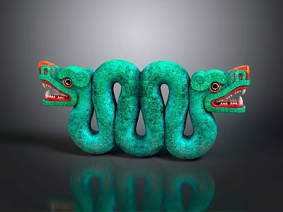 Reptile Two Headed Green Snake Sculpture With Red Decorative Accents On Reflective Surface 3d model