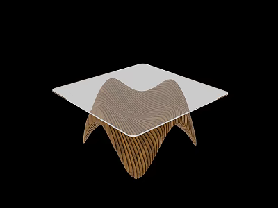 Square Coffee Table With Transparent Glass Top And Wooden Wavy Base Design 3d model