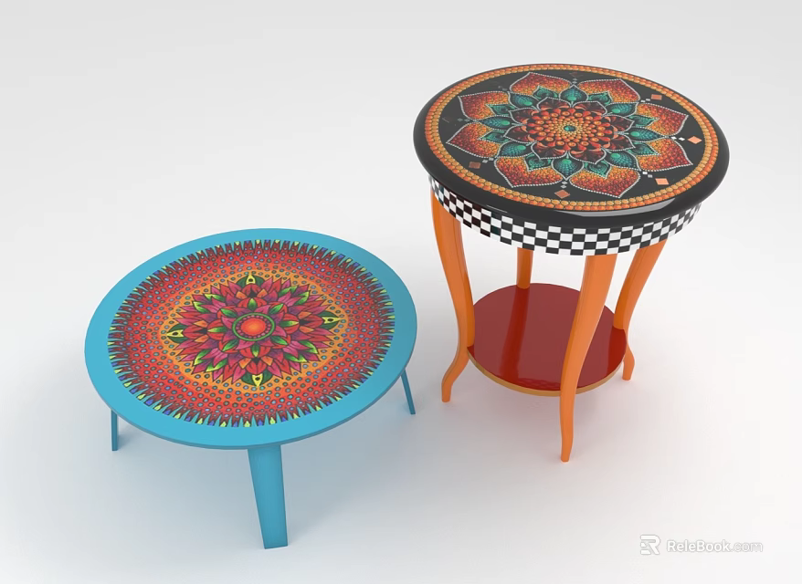Colorful Round Dining Tables With Mandala Patterns And Orange Legs 3d model 