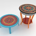 Colorful Round Dining Tables With Mandala Patterns And Orange Legs 3d model