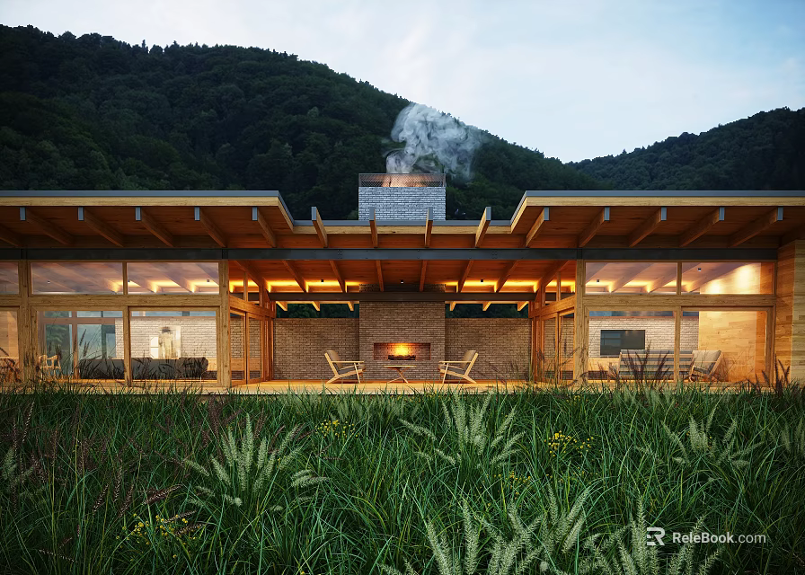 Rustic Wooden Facade With Large Windows Chimney And Warm Lighting In Mountain View 3d model 