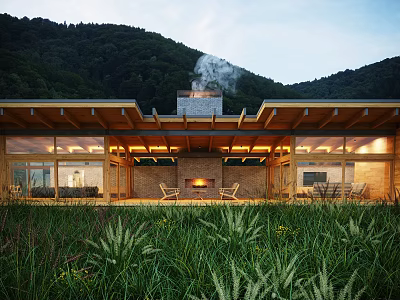 Rustic Wooden Facade With Large Windows Chimney And Warm Lighting In Mountain View 3d model