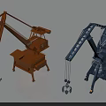 Two Industrial Cranes Orange And Blue With Mechanical Arms And Lifting Hooks
