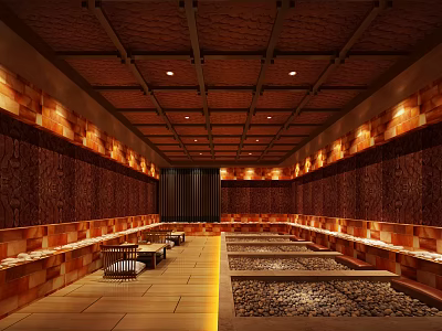Relaxing Beauty Hair Salon Interior Design With Wooden Ceiling Warm Lighting And Decorative Walls 3d model