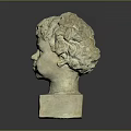 Detailed Plaster Child Head Sculpture With Curly Hair On Square Base Displayed On Dark Background