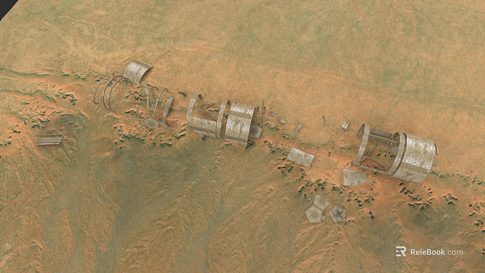 Sci Fi Mars Surface Scene With Large Machinery Ruins And Red Sand Terrain 3d model 
