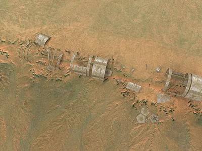 Sci Fi Mars Surface Scene With Large Machinery Ruins And Red Sand Terrain 3d model