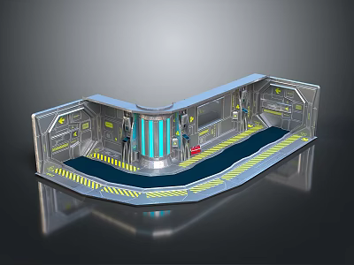 Cartoon Sci-Fi Scene Featuring Metallic Structures Blue Striped Columns Yellow Warning Lines And Control Panels 3d model