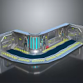 Cartoon Sci-Fi Scene Featuring Metallic Structures Blue Striped Columns Yellow Warning Lines And Control Panels 3d model