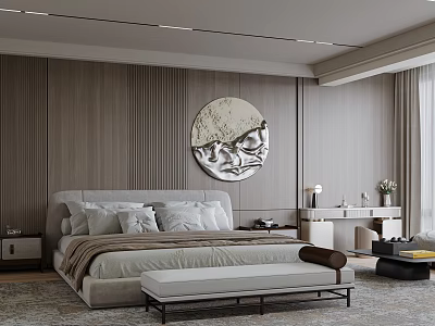 Modern Bedroom Interior With Wooden Paneled Walls Round Decorative Painting Large Bed And Bench 3d model