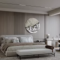 Modern Bedroom Interior With Wooden Paneled Walls Round Decorative Painting Large Bed And Bench