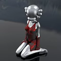 Detailed Metallic Doll With Silver Head Red Accents And Kneeling Pose