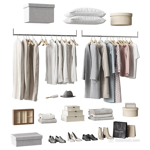 Neutral Colored Clothes In Tidy Wardrobe With Storage Items 3d model 