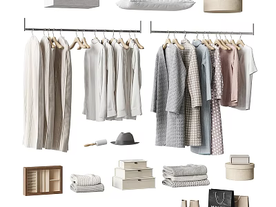 Neutral Colored Clothes In Tidy Wardrobe With Storage Items 3d model