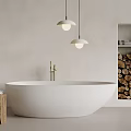 White Bathtub in Minimalist Bathroom with Wooden Stool Towels Hanging Pendant Lights and Firewood Niche