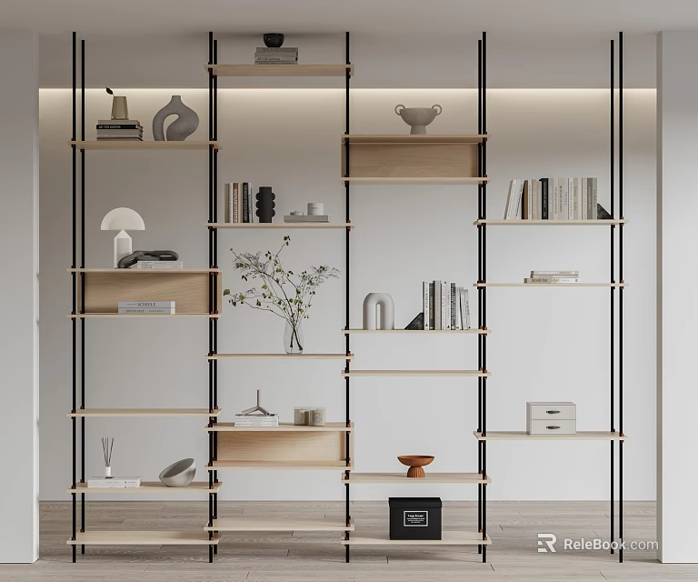 Modern Bookcase With Black Metal Frame Wooden Shelves Books And Decorative Items 3d model 
