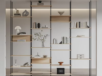 Modern Bookcase With Black Metal Frame Wooden Shelves Books And Decorative Items 3d model