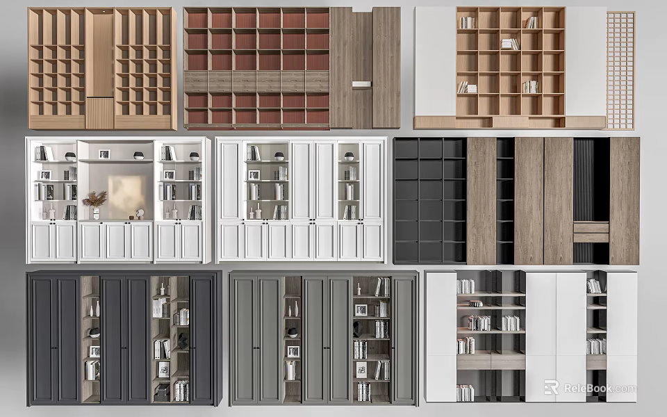 Modern Wooden Bookcases With Open Shelves And Closed Cabinets In Multiple Colors 3d model 