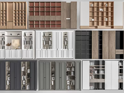 Modern Wooden Bookcases With Open Shelves And Closed Cabinets In Multiple Colors 3d model