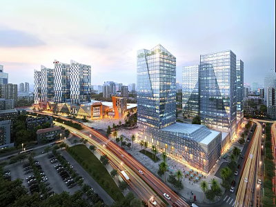 Modern Glass Office Towers in Urban Setting With Roads Landscaping and Parking 3d model