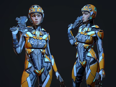 Game And Movie Character In Yellow Silver Mechanical Armor With Helmet And Weapons 3d model