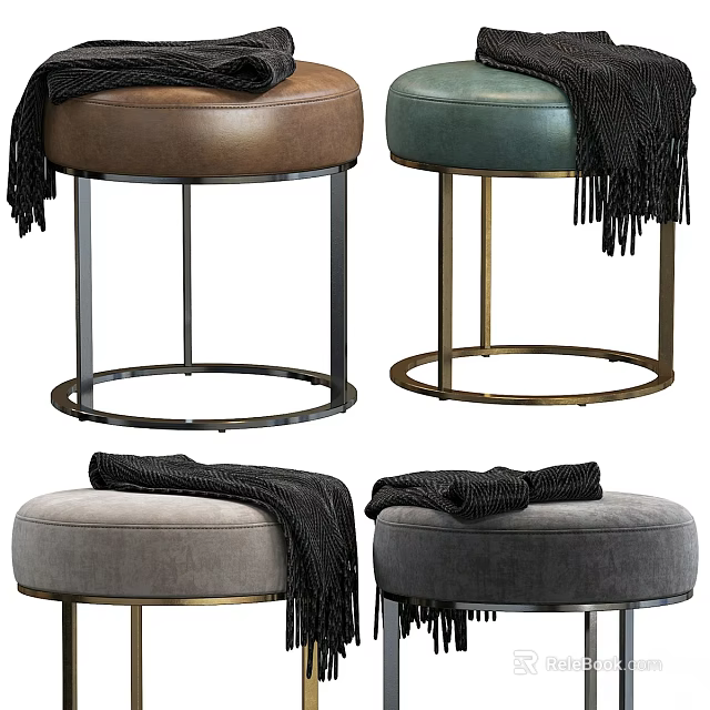 Modern Ottoman Stools With Leather Velvet Upholstery Metal Legs Fringe Blanket In Brown Teal Gray 3d model 
