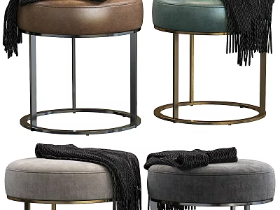 Modern Ottoman Stools With Leather Velvet Upholstery Metal Legs Fringe Blanket In Brown Teal Gray 3d model