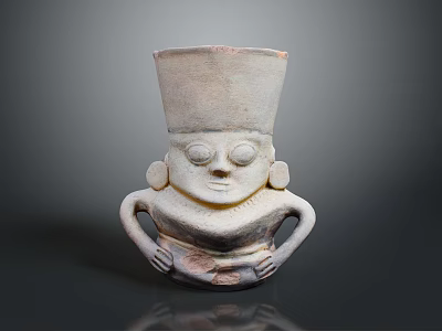Ancient Ceramic Figure with Distinctive Headpiece Carved Eyes and Curved Arms 3d model