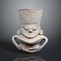 Ancient Ceramic Figure with Distinctive Headpiece Carved Eyes and Curved Arms