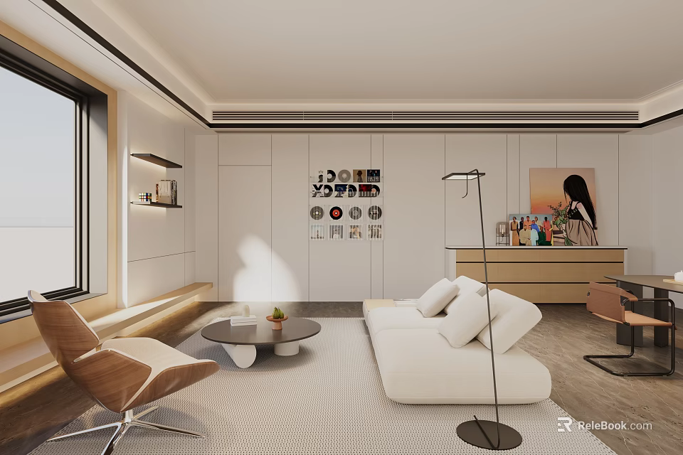 Modern Living Room Interior With White Sofa Wooden Chair Floor Lamp And Coffee Table 3d model 
