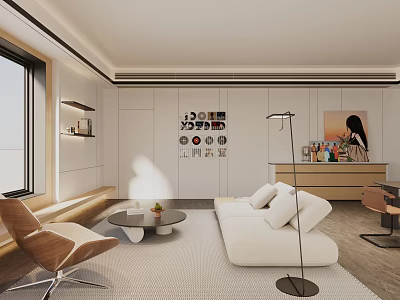 Modern Living Room Interior With White Sofa Wooden Chair Floor Lamp And Coffee Table 3d model