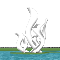 White Fluid Spirit Fortress Sculpture With Blue Sky Green Lawn And Water Reflection