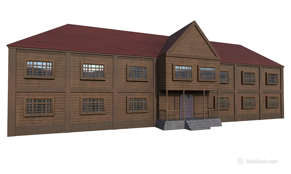 Wooden Hotel Building Featuring Red Roof Multiple Windows And Entrance Steps 3d model 