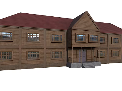 Wooden Hotel Building Featuring Red Roof Multiple Windows And Entrance Steps 3d model