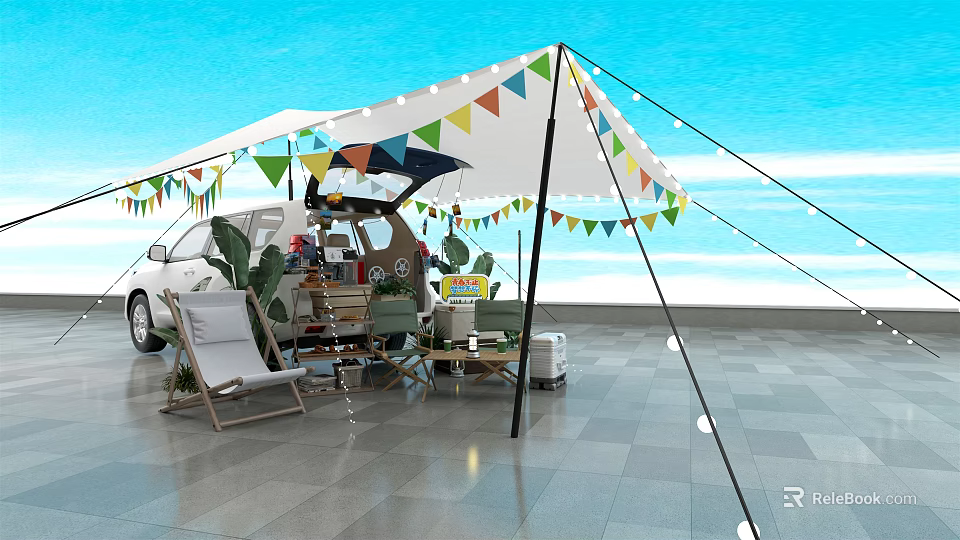 White Camping Tent With Colorful Pennant Flags Near Car And Beach Setup 3d model 