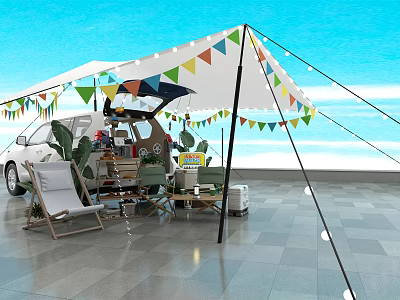 White Camping Tent With Colorful Pennant Flags Near Car And Beach Setup 3d model